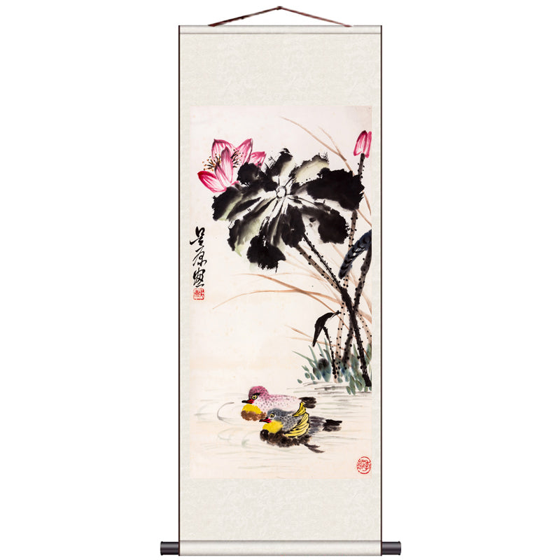 Traditional Chinese Painting Mandarin Ducks and Ink Lotus, Mandarin Ducks Playing in Water Silk Scroll Hanging Painting-03