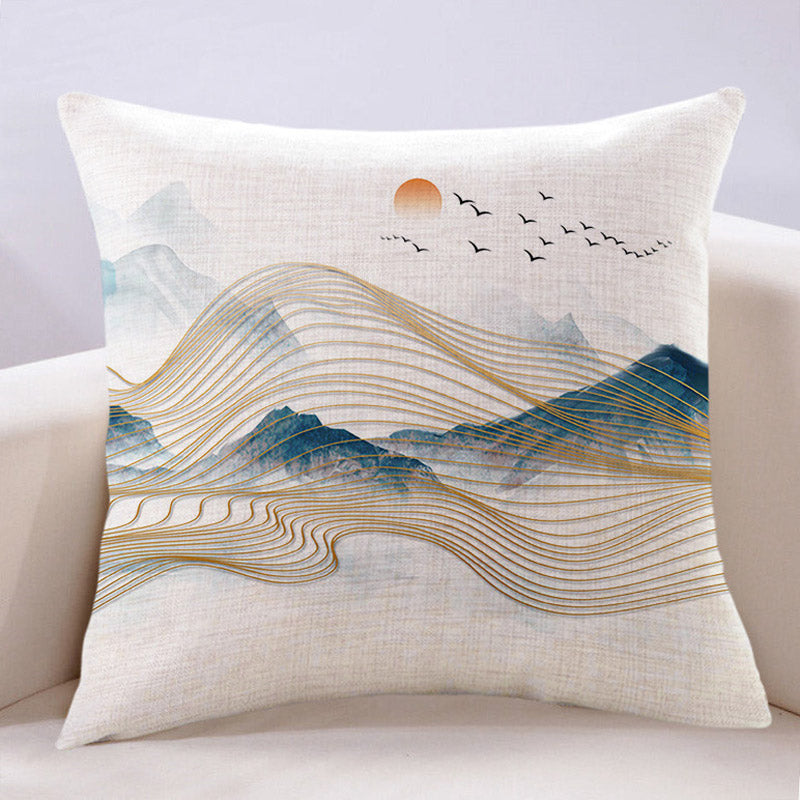 Chinese Style Blue Art Ink Landscape Painting Cotton and Linen Throw Pillow-02