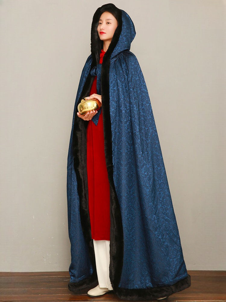 Classic Chinese Cloud & Floral Jacquard Long Cloak Cape