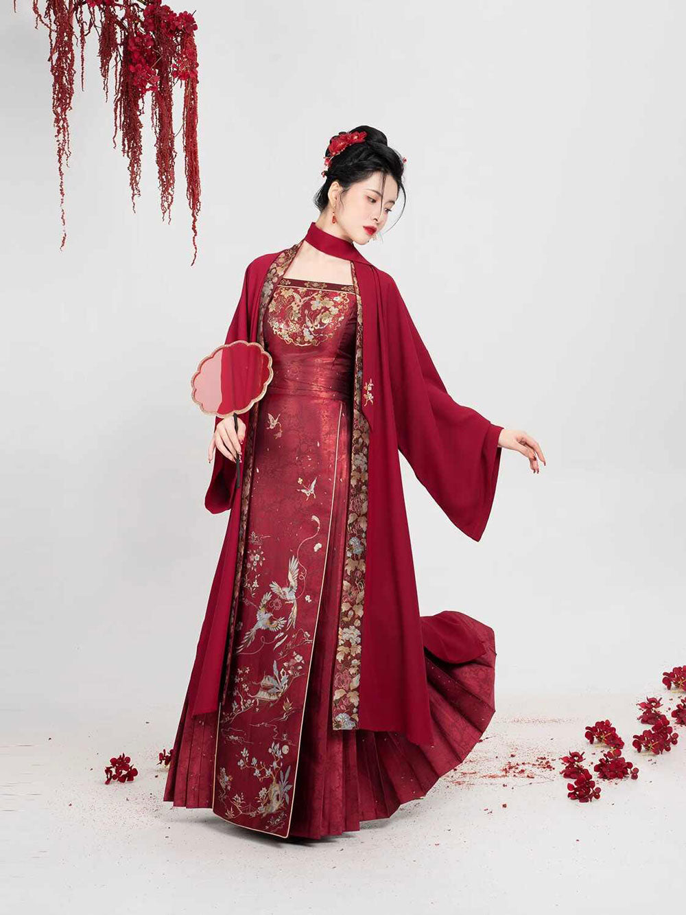 Birds & Blossoms — Ming-Style Gold-Woven Red Mamian Skirt Set-07