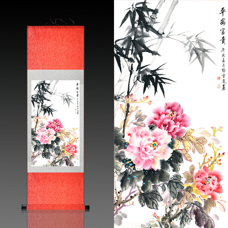 "Peace and Prosperity" Silk Scroll Hanging Painting Reproduction with Bamboo and Peony, a Home Wall Decorative Art Piece-07
