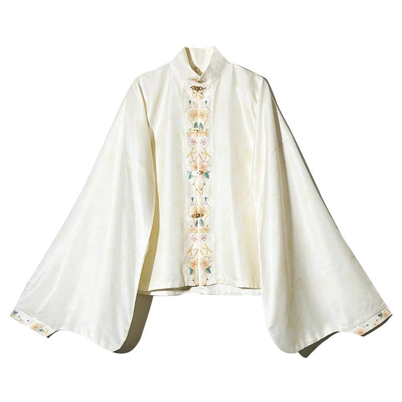 Ming Dynasty Stand-up Collar Beige Printed Front Placket Improved Daily Hanfu Shirt Top-07