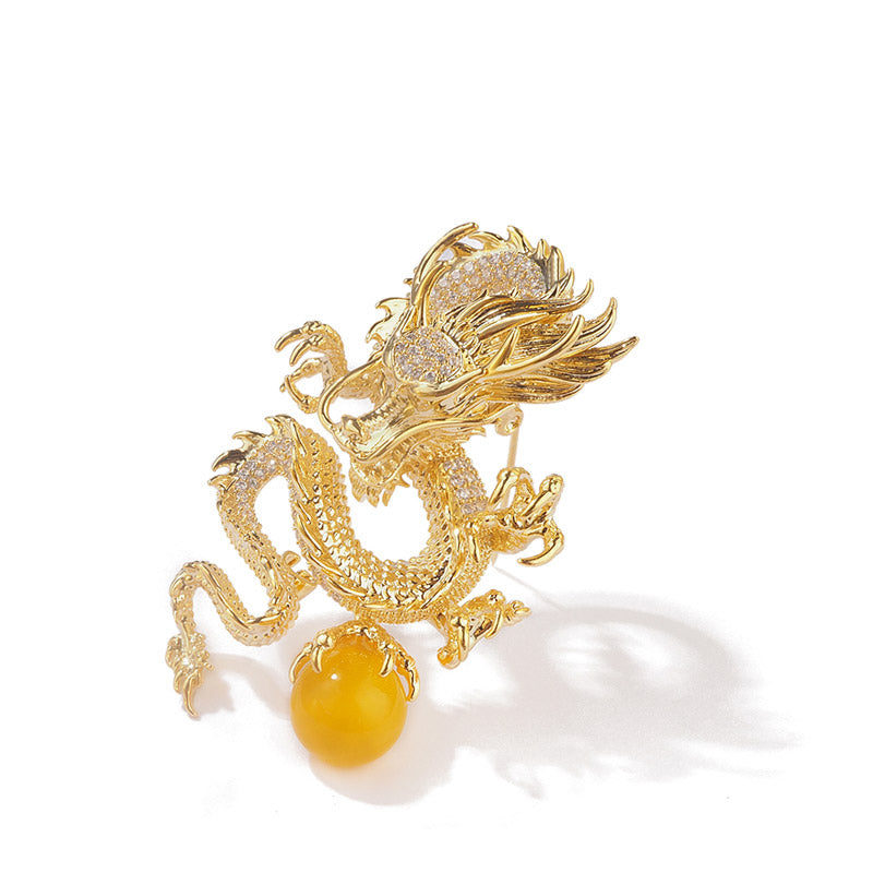 Golden Dragon Playing with Pearl - The Chinese Dragon Loong Brooch with CZ Zodiac Jewelry Gift-03