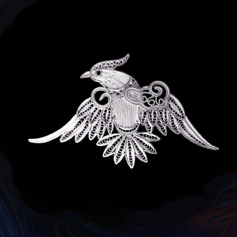 Vintage Plain Silver Filigree Auspicious Bird Phoenix Brooch for Women-06