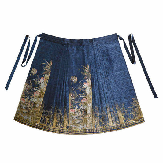 Fragrant Lotus Pond - Blue Lotus Pattern Woven Gold Mamianqun Skirt-01