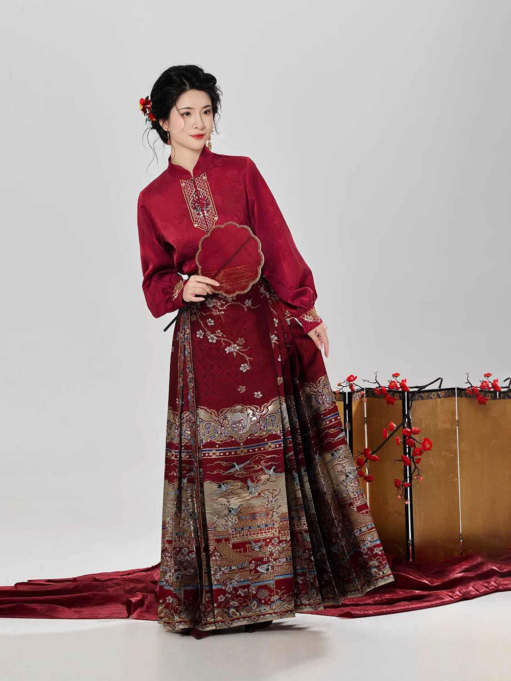 Spring at the Imperial Palace — Pomegranate Red Ming-Style Mamian Skirt Set-06