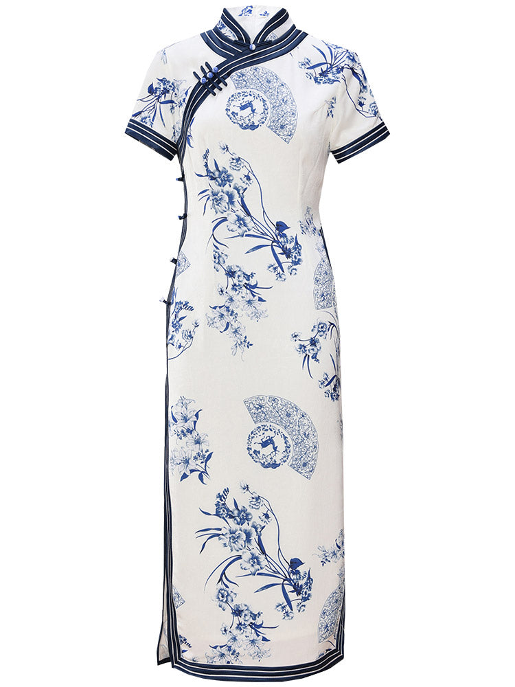 Chinese Style Classic Blue and White Porcelain Print Cheongsam Dress for Women-04