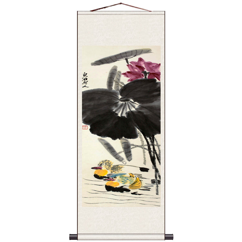 Traditional Chinese Painting Mandarin Ducks and Ink Lotus, Mandarin Ducks Playing in Water Silk Scroll Hanging Painting-04
