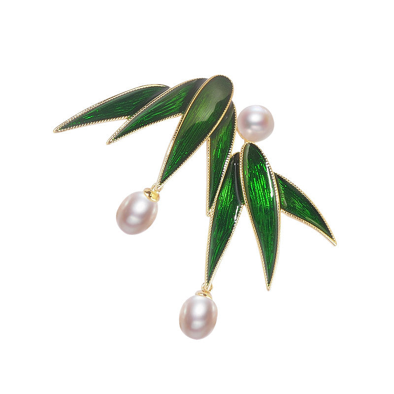 Chinese Classic Bamboo Leaf Brooch Pin for Women Adorned with Freshwater Pearls-04