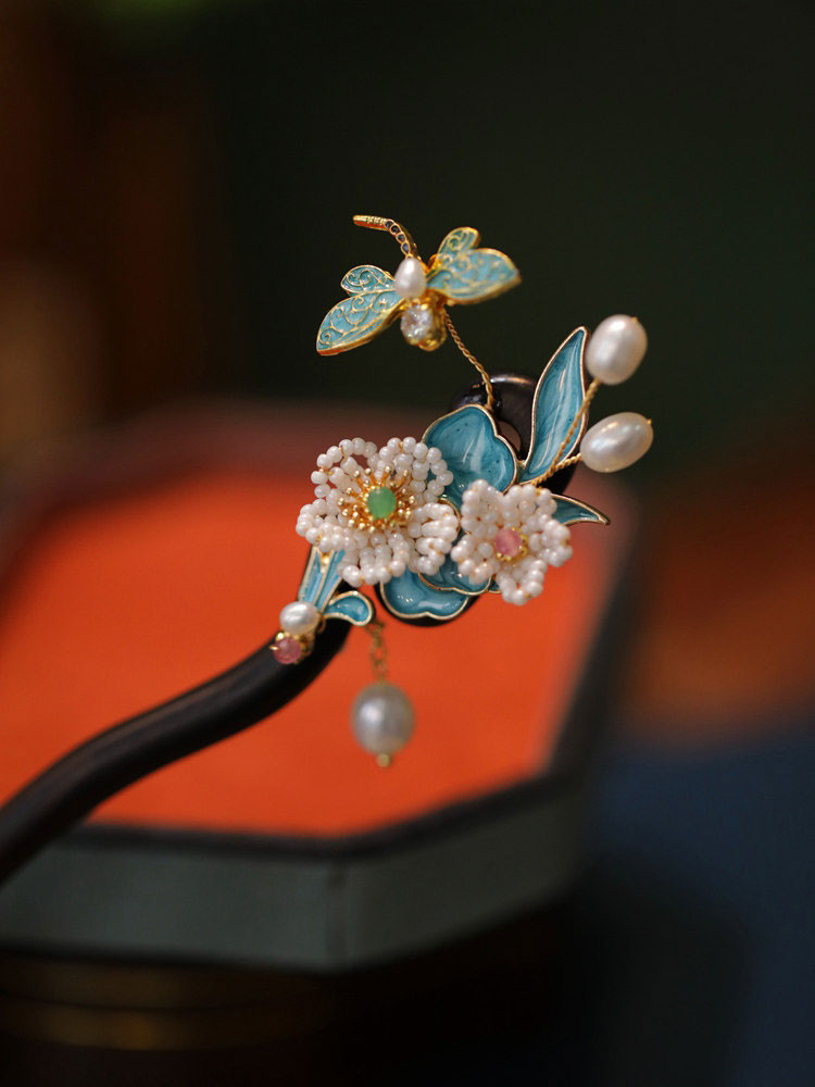 Chinese Blue Enamel Ebony Hairpin with Floral and Dragonfly Details-04