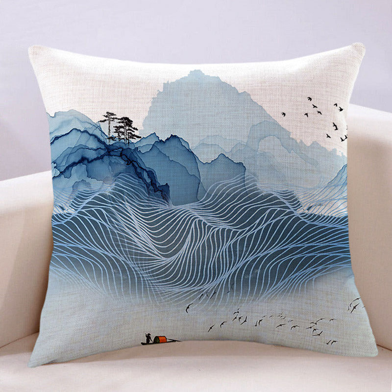 Chinese Style Blue Art Ink Landscape Painting Cotton and Linen Throw Pillow-05