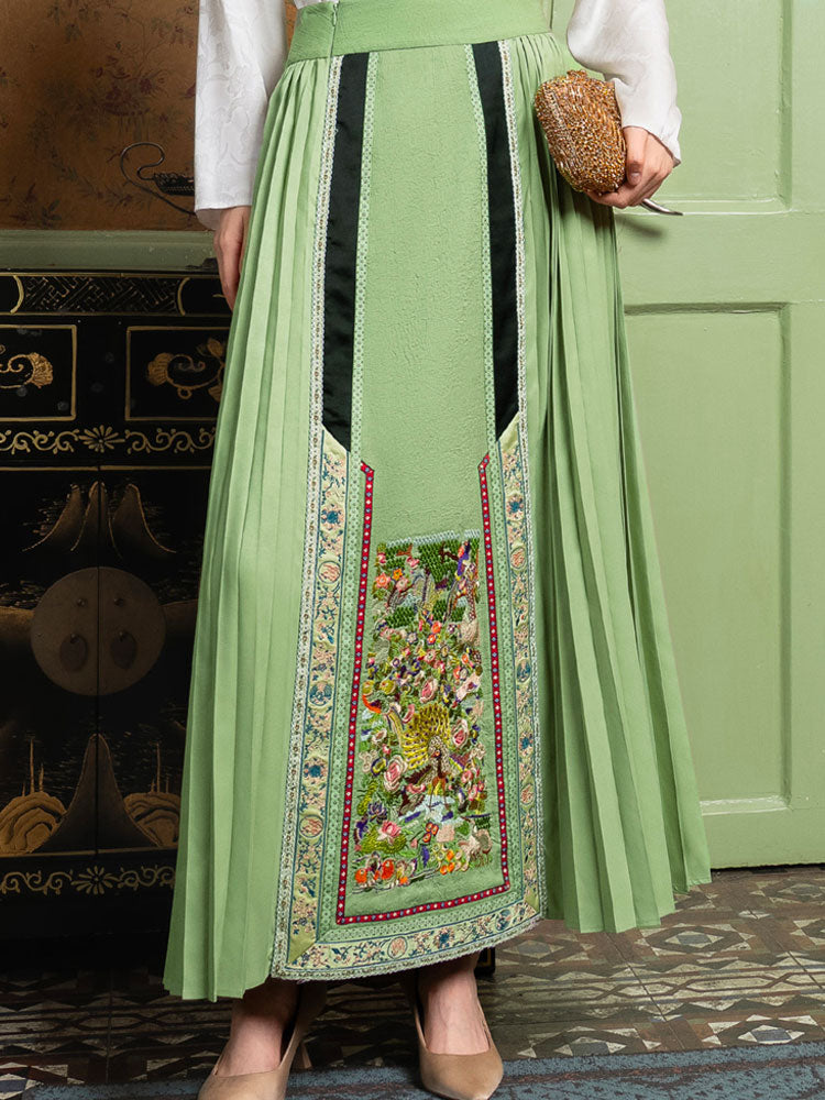 Embroidered Floral and Bird Pattern Ma Mian Skirt - Women's Wrap Skirt-06