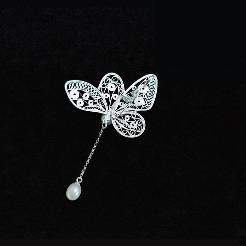 Vintage Plain Silver Filigree Butterfly Brooch/Pendant with Natural Freshwater Pearls-03