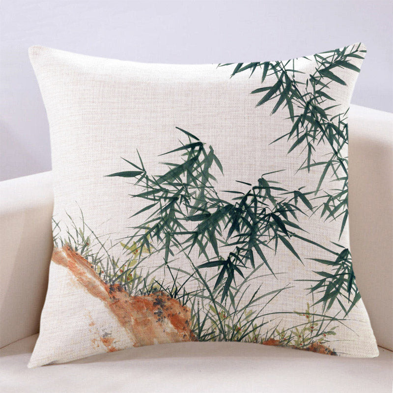 Vintage Chinese Style Ink Bamboo Leaf Landscape Painting Cotton and Linen Throw Pillow-04