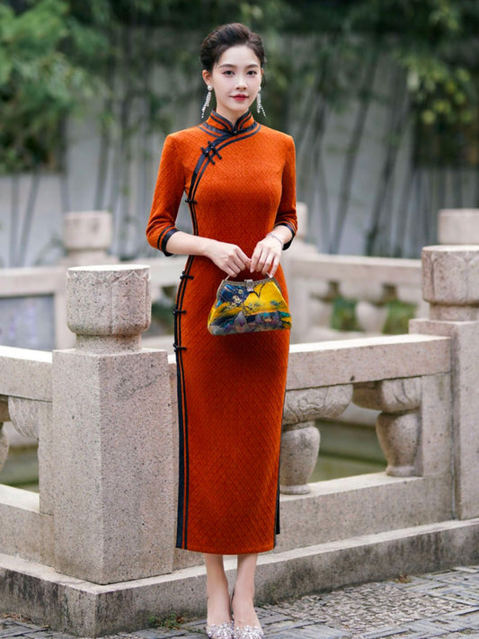 Orange with Black Trim Vintage Geometric Embossed Cheongsam Dress for Women-04