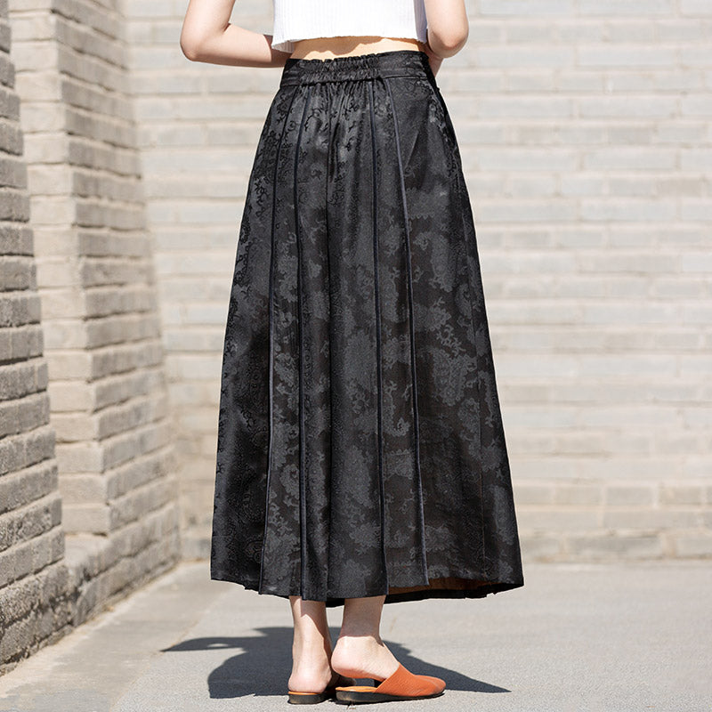 New Chinese-style Black Vintage Pattern Mulberry Silk Midi Skirt Mamianqun Skirt-05