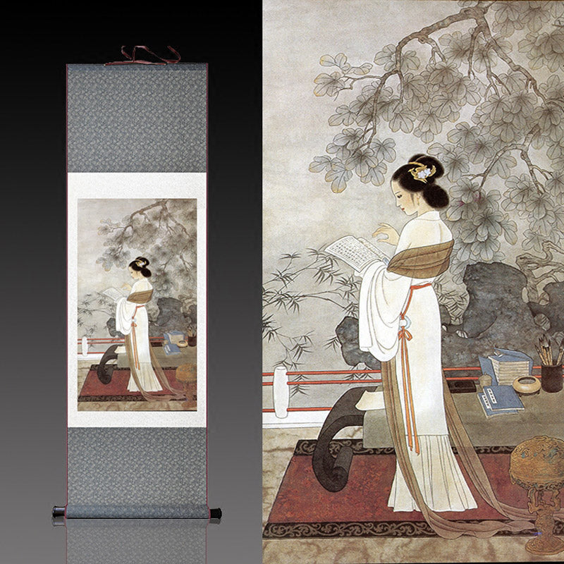 Traditional Chinese Painting Reading Lady Silk Scroll Hanging Painting Wall Decoration Art