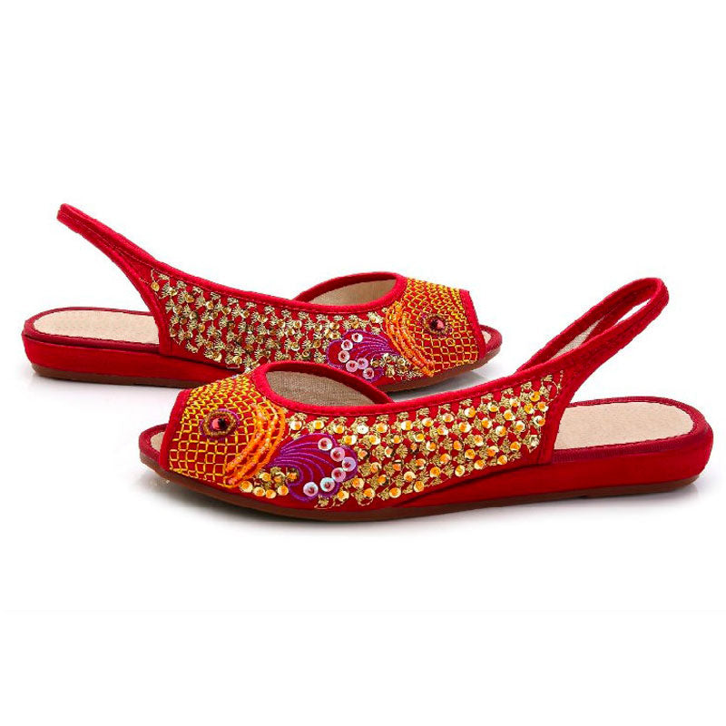 Red Embroidered Peep Toe Low Cut Flats-02