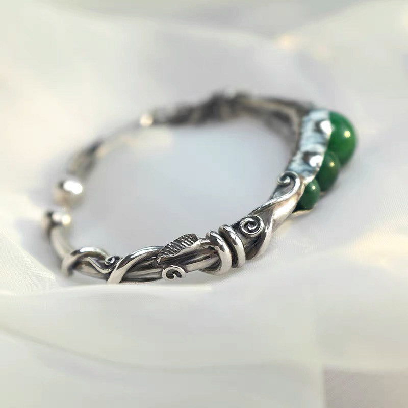 Natural Inspired Handmade 999 Silver Pea Pod Bracelet with Inlaid Jade-04