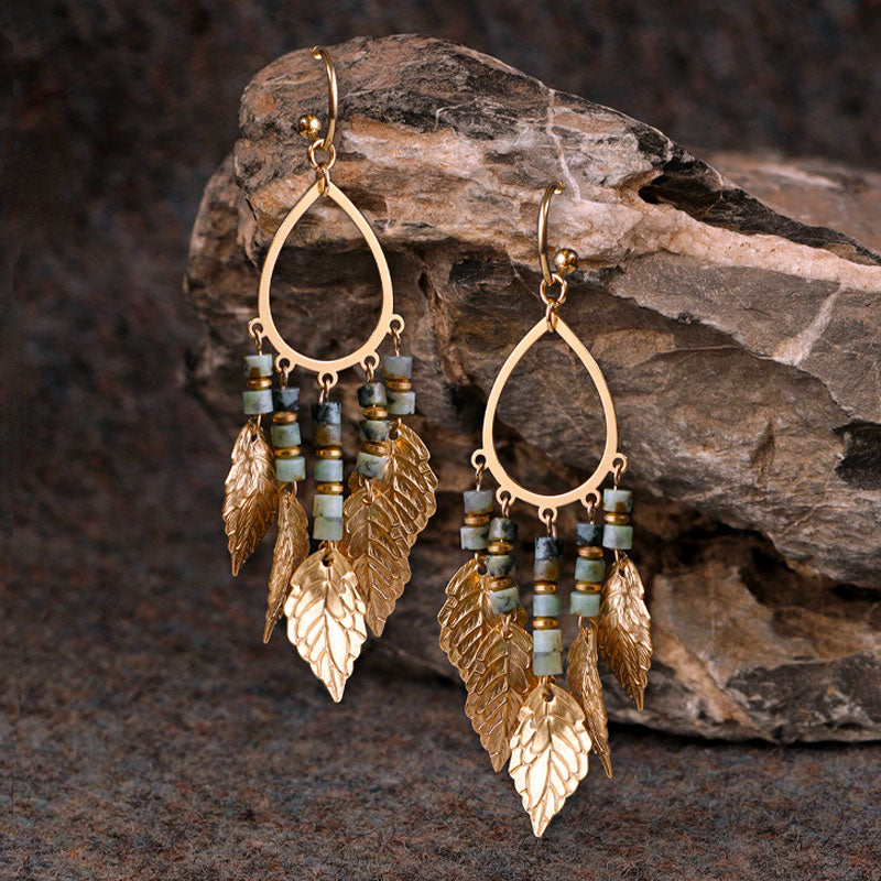 Handmade Natural Vintage Style Gold Leaf Tassel Earrings with African Turquoise-03