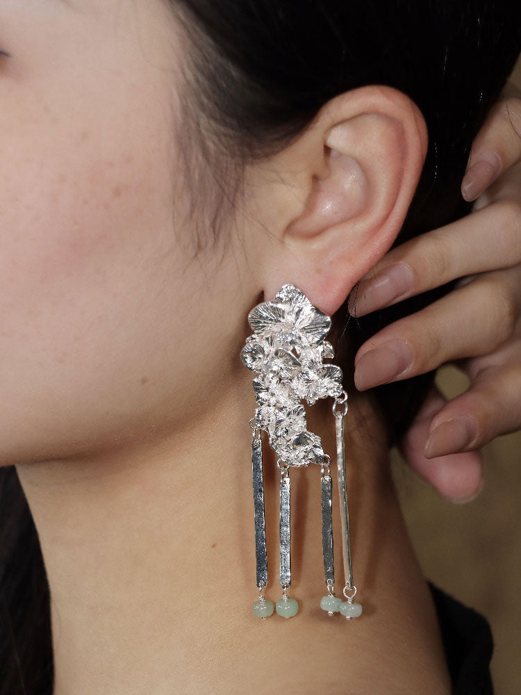 Orchid Cluster S930 - Handforged Chinese Phalaenopsis Earrings in Sterling Silver with Jadeite Beaded Tassels-04