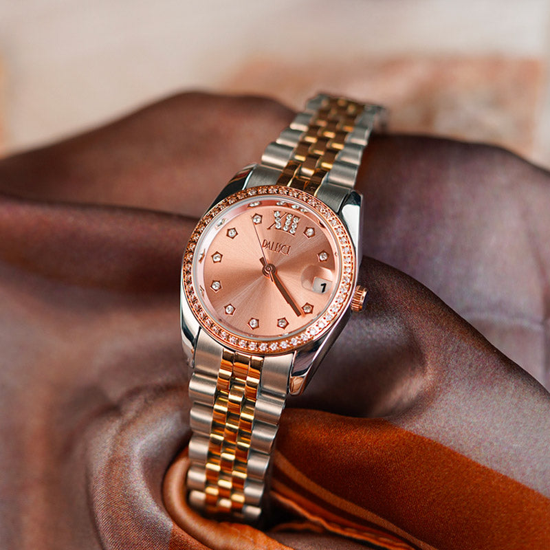 Retro Elegance Versatile Round Berry Nude Pink Dial Gold Watch-04