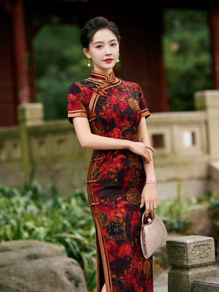 Chinese Style Classic Festive Vintage Red Cheongsam Dress with Floral Print for Women-04