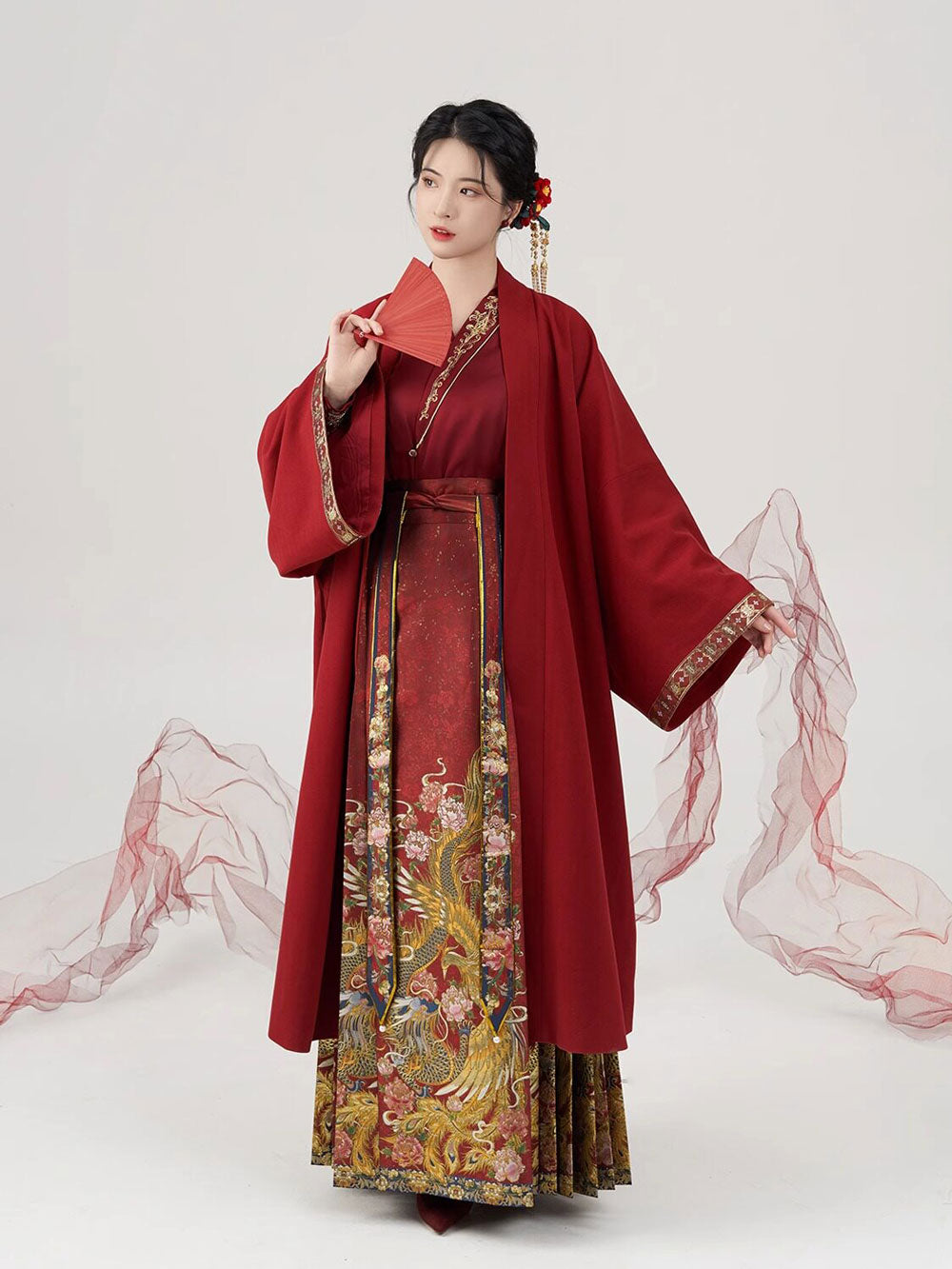 Phoenix & Peony — Ming-Style Gold-Woven Red Mamian Skirt Set-04