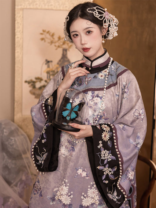 New Chinese Style Purple Cross-collared Suit with Butterfly and Flower Embroidery Qing Dynasty Women's Suit-01