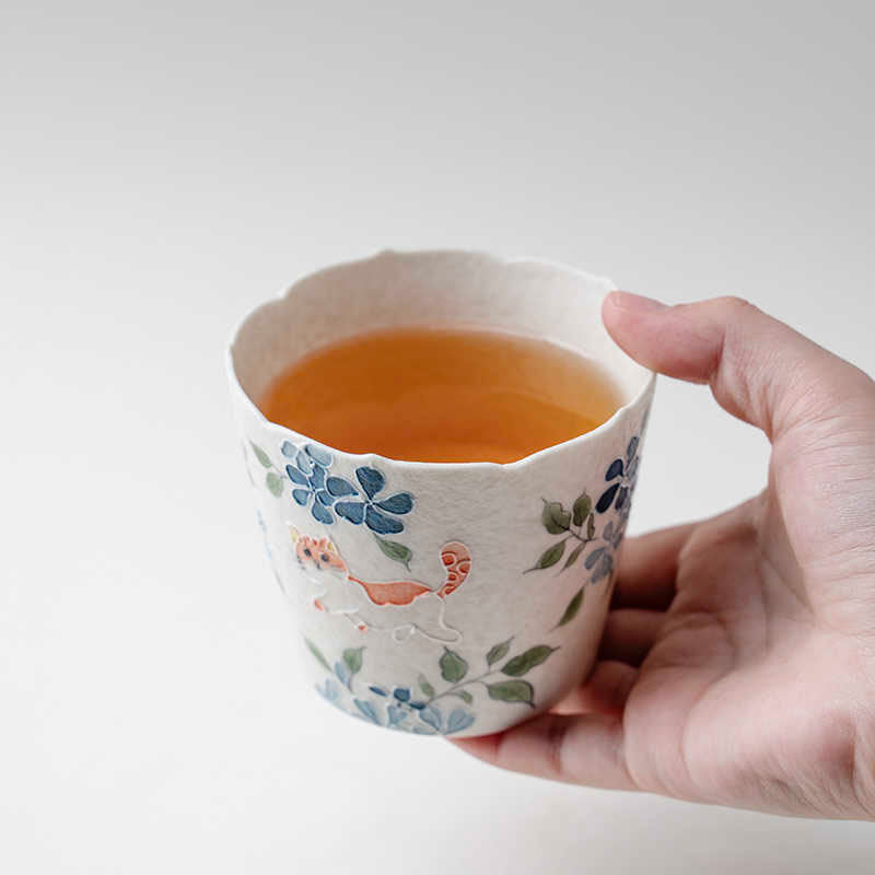 Blue Windflower & Ginger Cat Hand-Painted Ceramic Cup-05