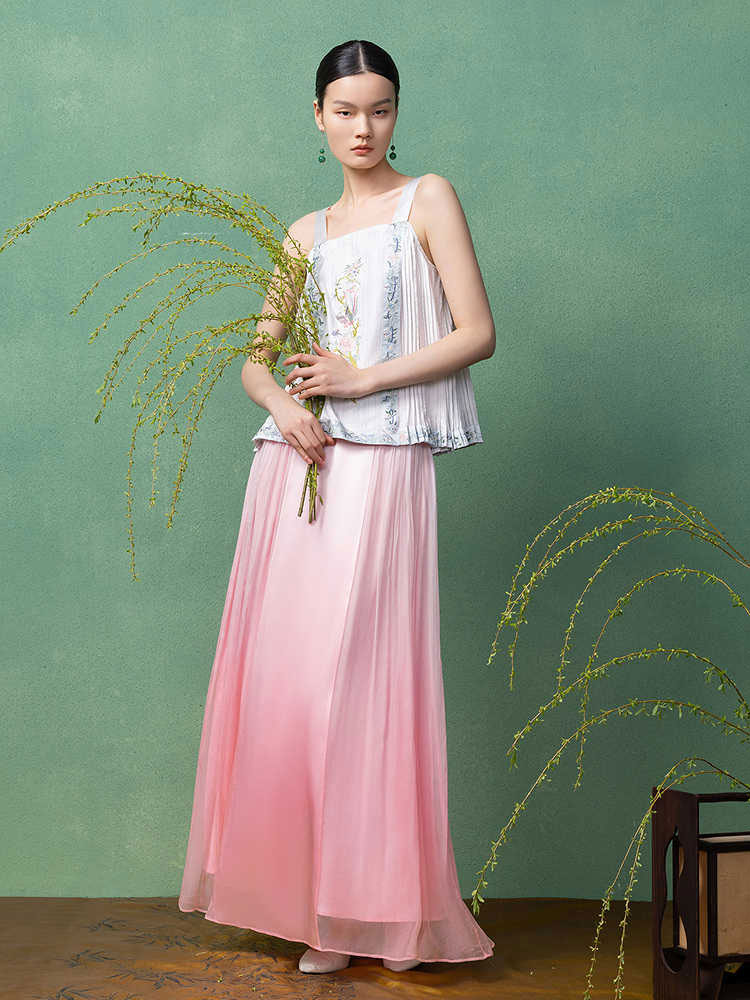 Gradient Pink Silk Modern Ma Mian Skirt – Wrap Midi Skirt for Women-04