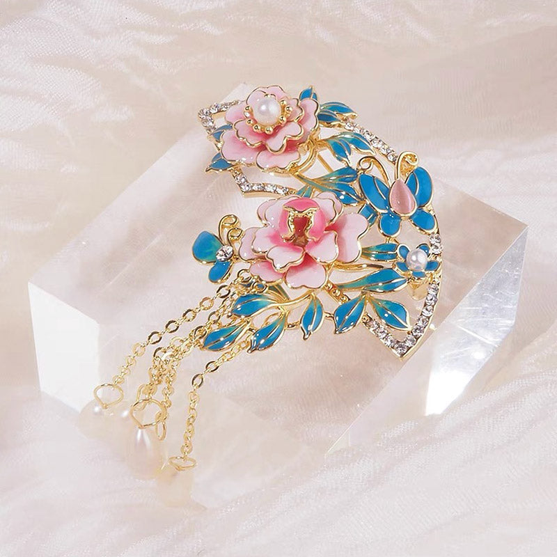 Chinese Cloisonné Pink Peony Fan-Shaped Brooch with Freshwater Pearl Tassel-05