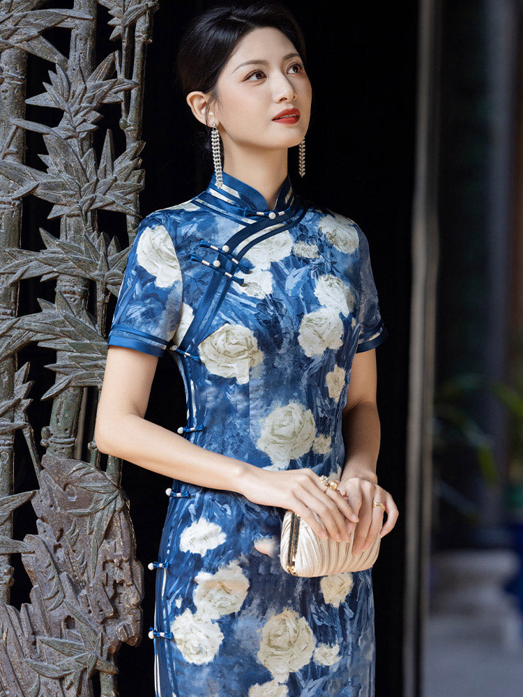 Romantic Blue Floral Vintage Qipao Cheongsam Dress for Women-04