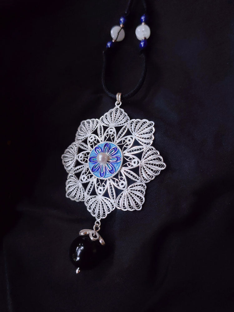 Vintage Cloisonné Silver Filigree Inlaid Freshwater Pearl Mandala Flower Necklace Pendant-04