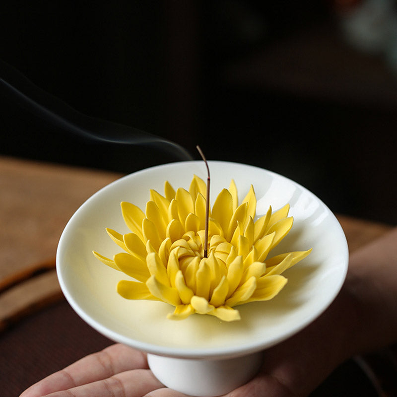 Handcrafted Ceramic Chrysanthemum Incense Burner and Holder-05