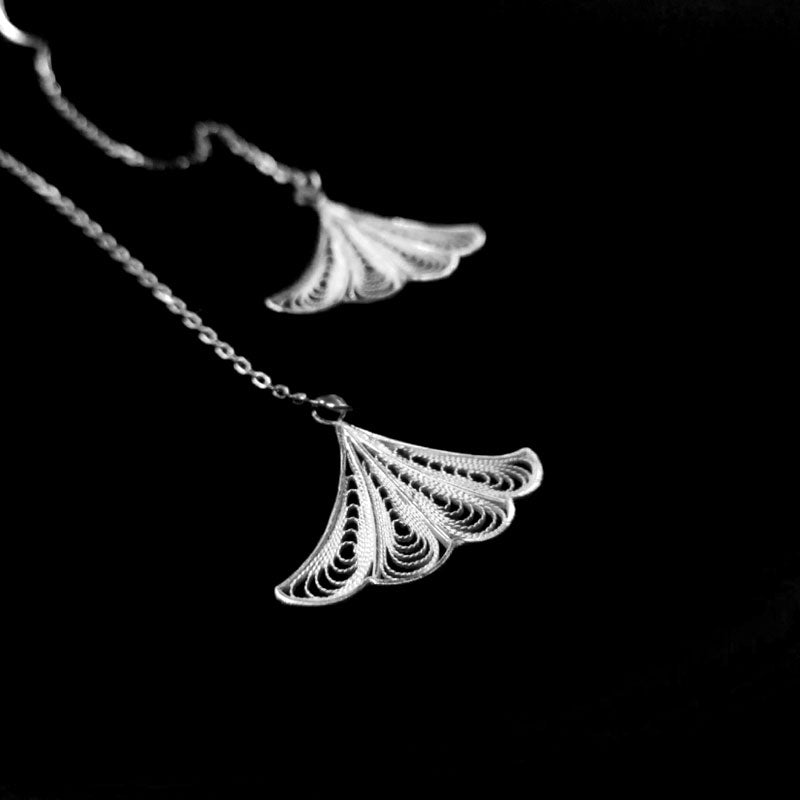 Handmade Vintage Plain Silver Filigree  Ginkgo Leaf Necklace and Earrings -03