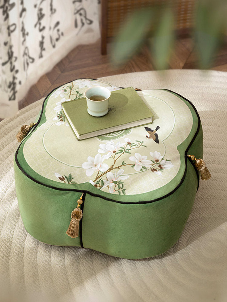 Jade Magnolia at Spring Dawn - Chinese Printed Meditation Pouf Pillow Floor Cushion