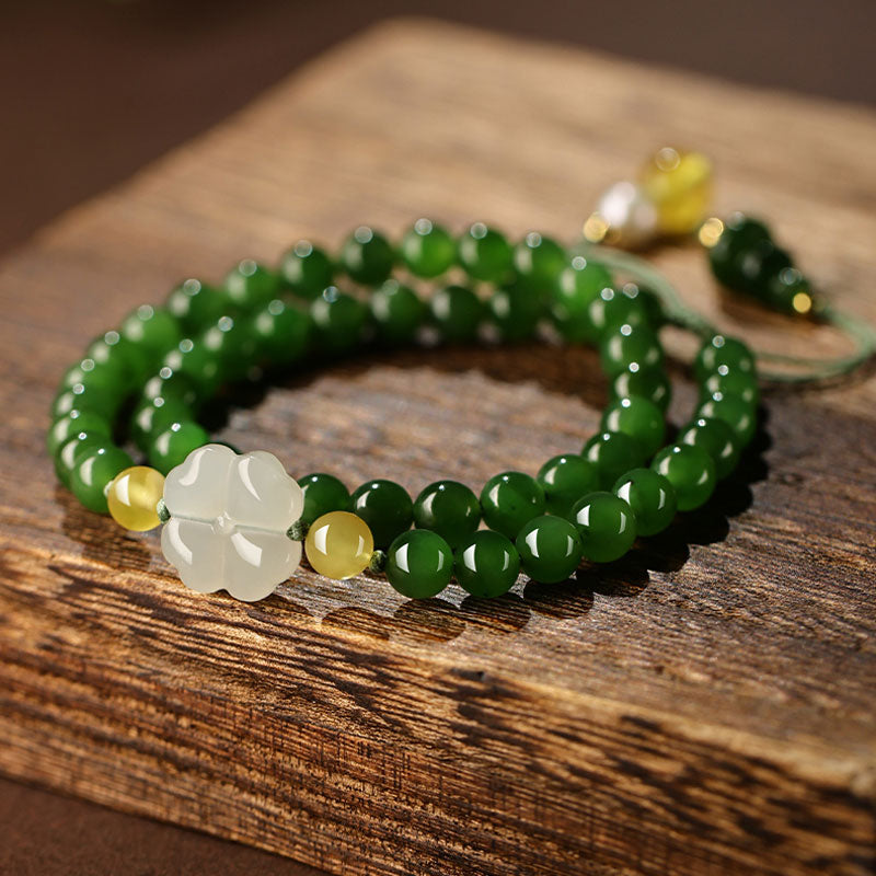 Xinjiang Hetian Jade Bracelet Adorned with a Four Leaf Clover Green Jade Biyu Bracelet-04