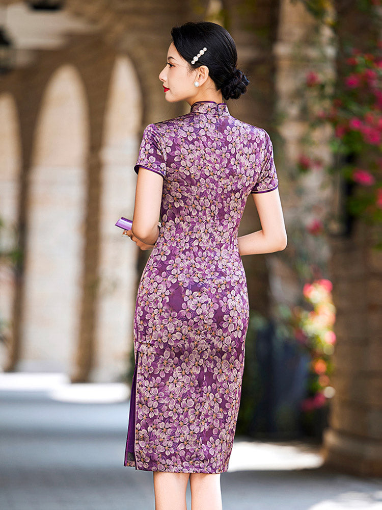 Romantic Vintage Purple Floral Printed Qipao Cheongsam Dress-04
