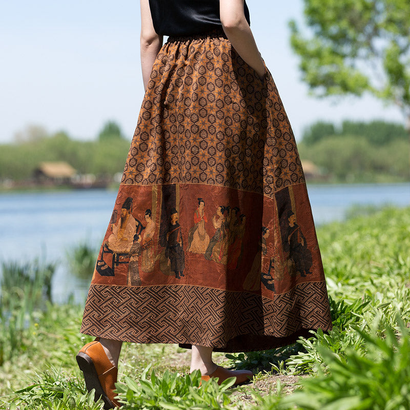 Vintage Chinese-style Mulberry Silk Court Banquet Print Retro Patterned Midi Skirt for Women-05