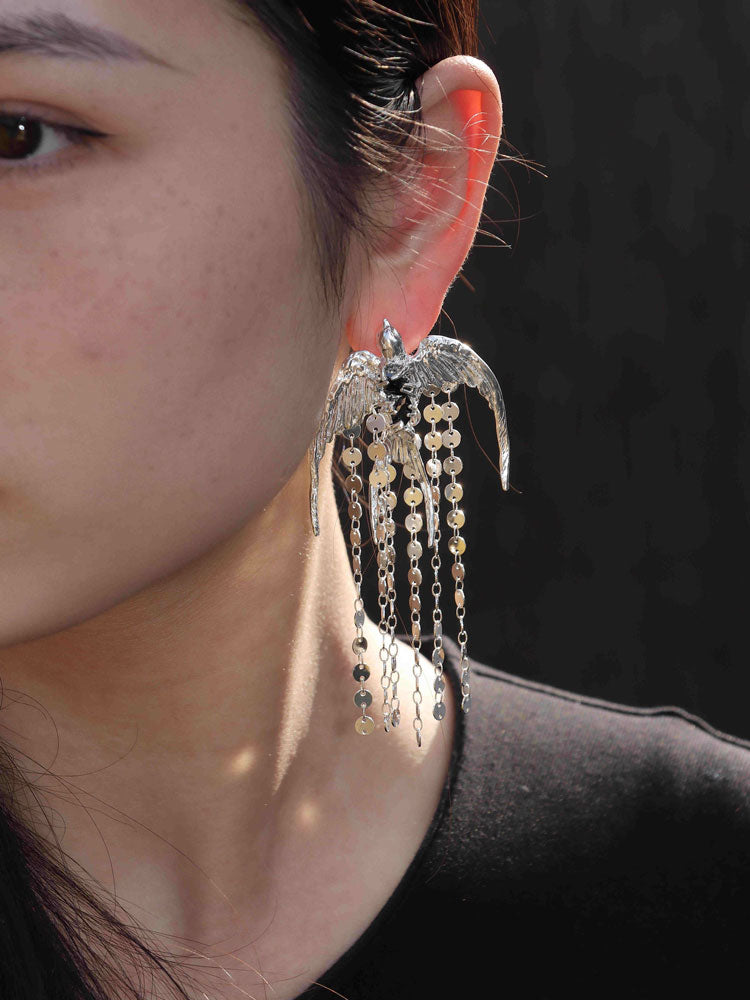 The Swallow S930 - Handforged Chinese Swallow Earrings in Sterling Silver with Delicate Tassels-04
