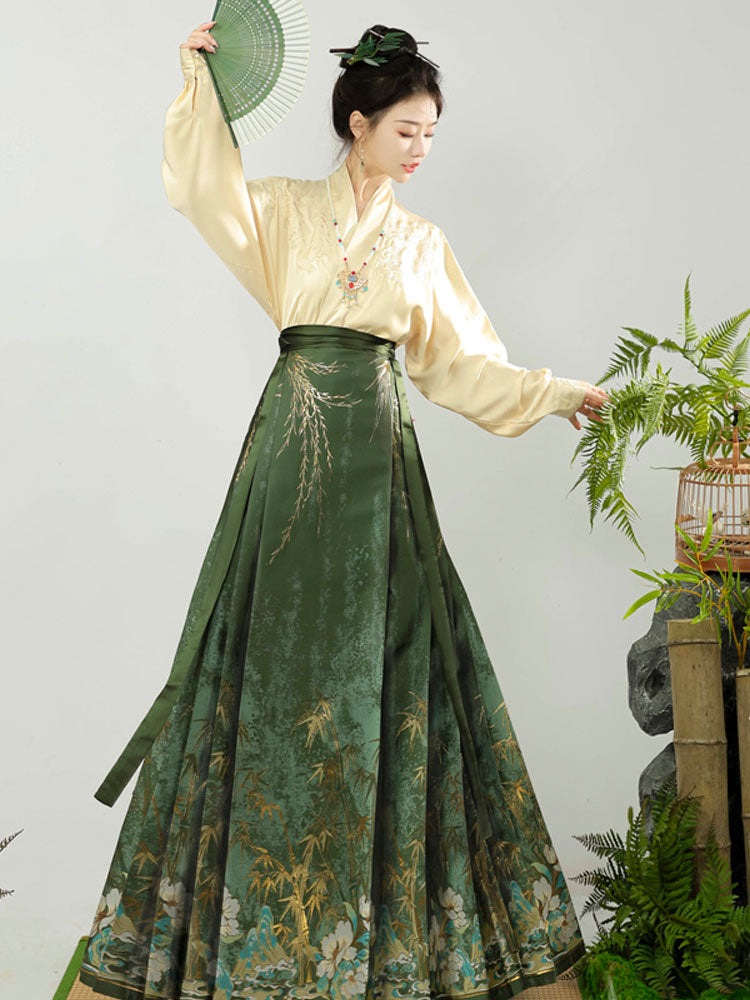 Flickering Bamboo Shadows - Green Vintage Woven Gold Mamianqun Skirt-04