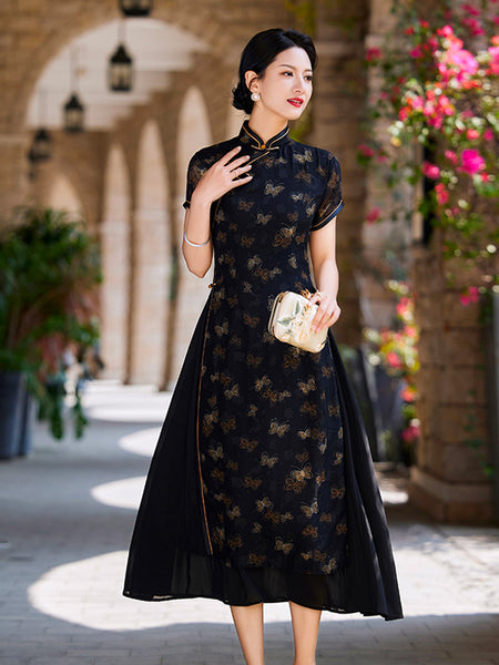 black and gold chinese dress Loose-Fit Improved Black Butterfly Printed Qipao Cheongsam Dress for Women Black / XL