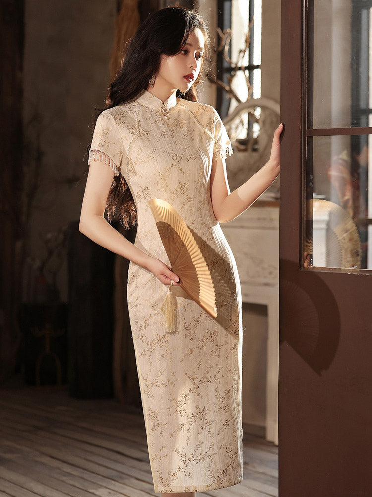 Vintage Elegant Cream White Lace Gold Foil Printed Qipao Cheongsam Dress-07