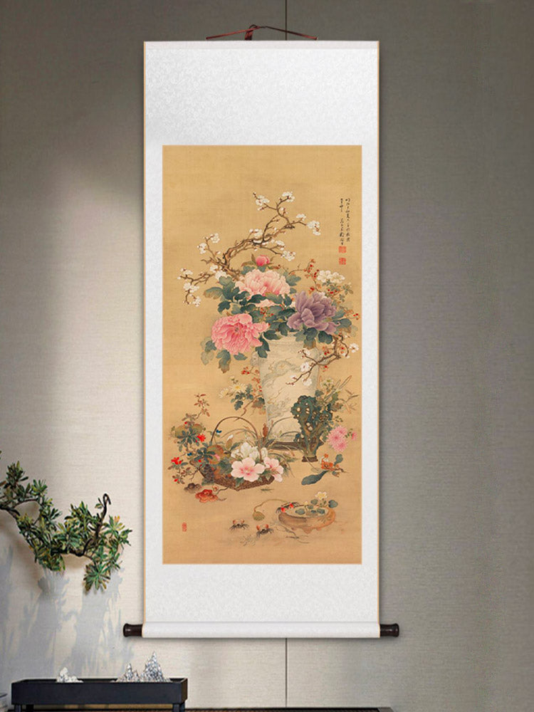 Traditional Chinese Classical Flower and Vase Silk Scroll Hanging Painting Chinese Style Wall Decoration Art-04