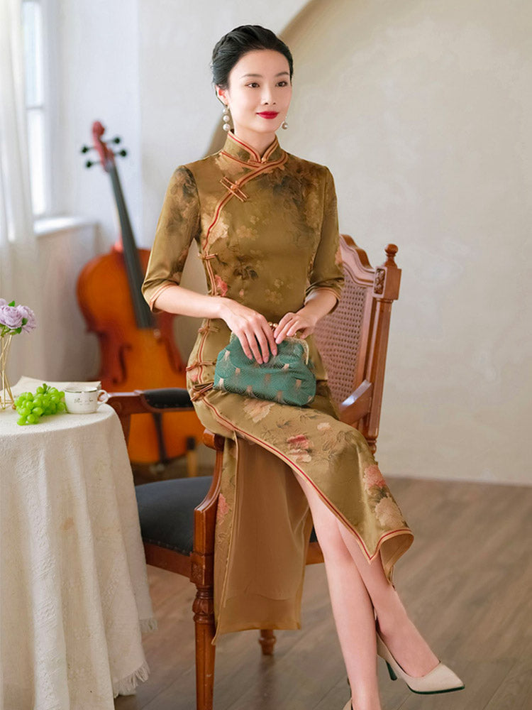 Classic Chinese Style Printed Pattern Brown Mid-length Sleeve Cheongsam Dress for Women-05