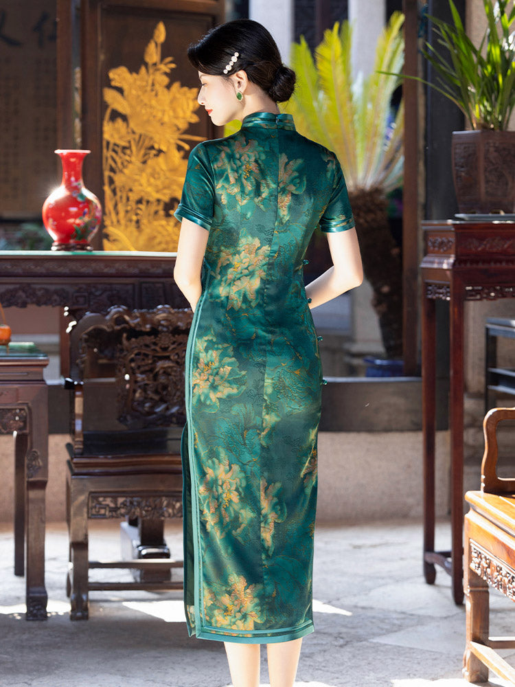 Green Vintage Chinese Style Peony Print Cheongsam Dress for Women-05