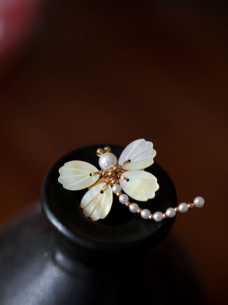 Natural Shell Butterfly & Dragonfly Brooch with Imitation Pearls-04