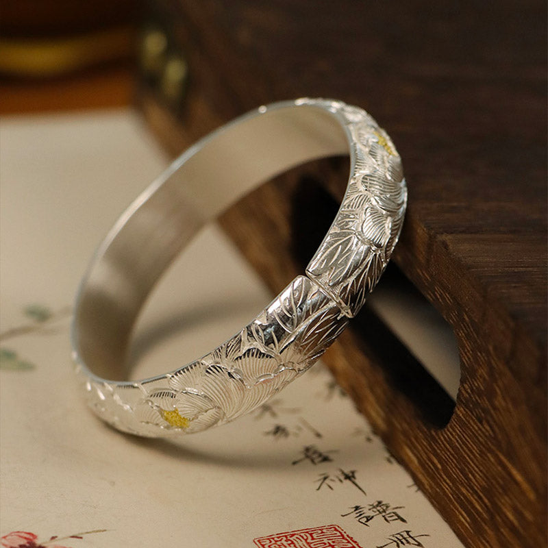 Hand-Carved Chinese Style Vintage Peony Pattern Pure Silver with Gold Inlay Opening Bangle Bracelet-03