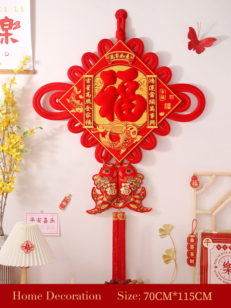Red 'Fu' Character Auspicious Double Fish Tassel Chinese Knot Wall Decor Hanging Ornament Housewarming Gift-04